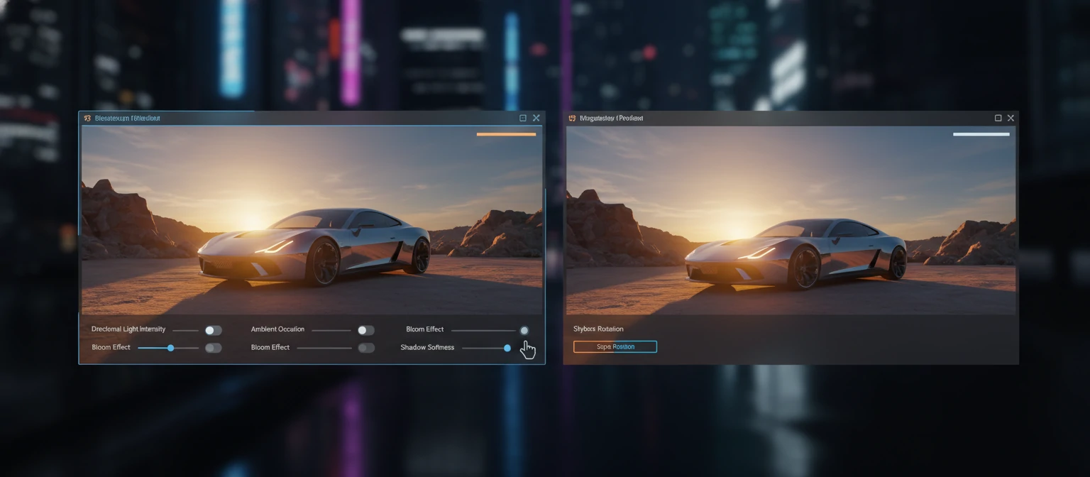 Real-time rendering interface showing instant lighting changes