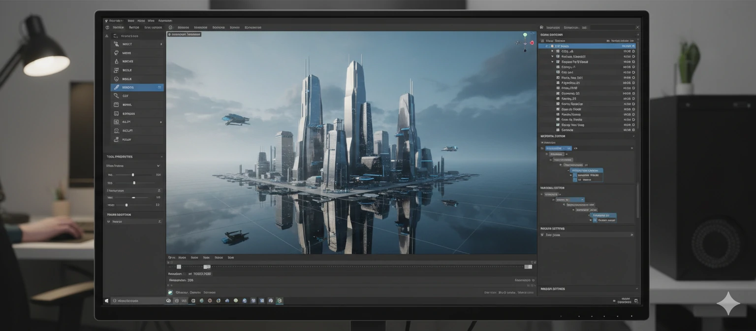Screenshot of 3D rendering software interface with labeled tools and workspace
