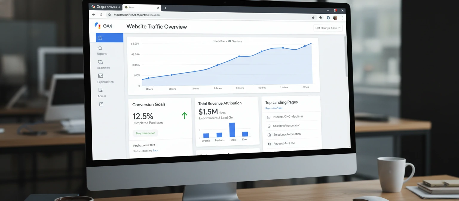 Screenshot of Google Analytics dashboard showing manufacturing website traffic