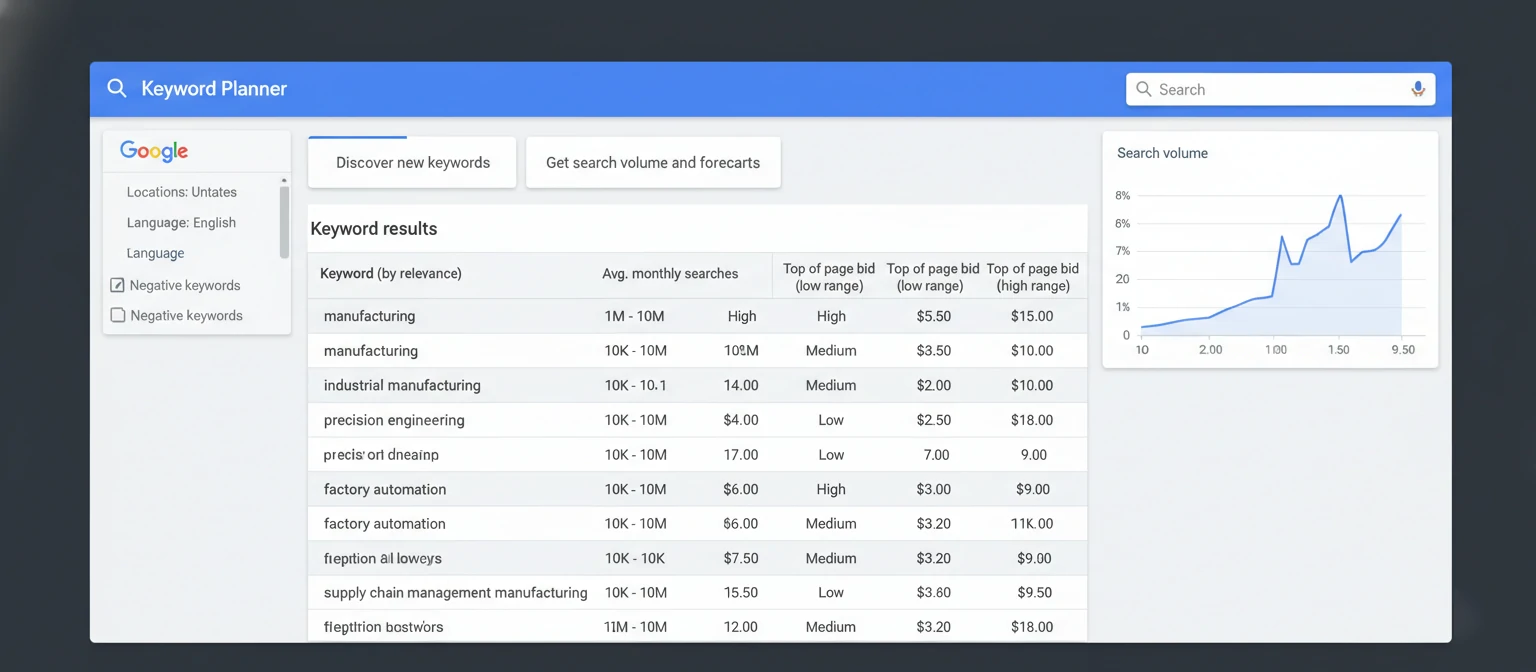 Screenshot of Google Keyword Planner showing manufacturing keyword
