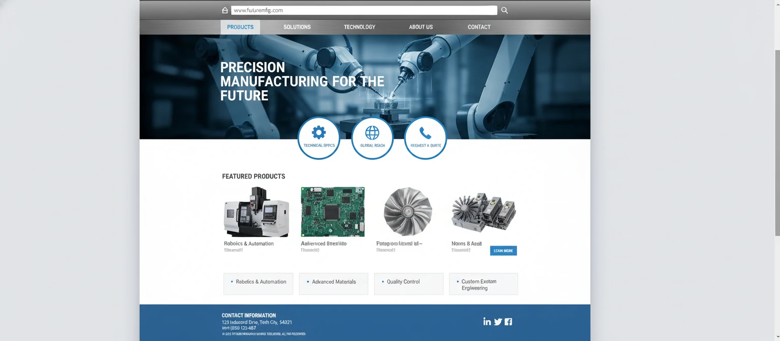 Screenshot of a well-optimized manufacturing website homepage showing clear navigation