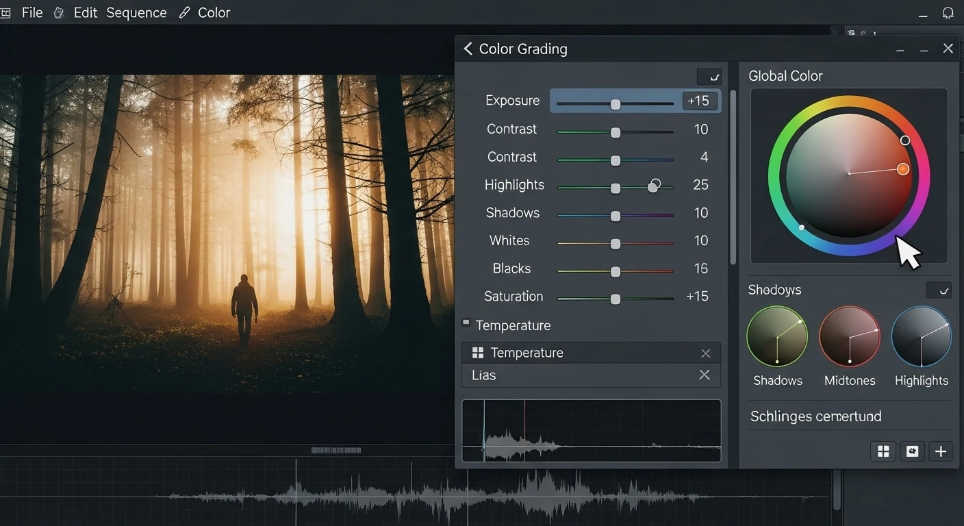 Screenshots of editing software showing color grading and adjustment processes