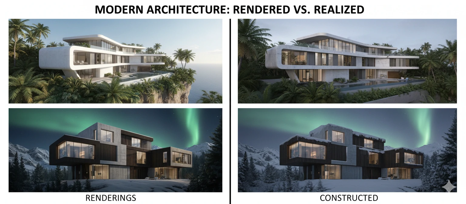 Side-by-side comparison of famous modern house renderings and their constructed counterparts