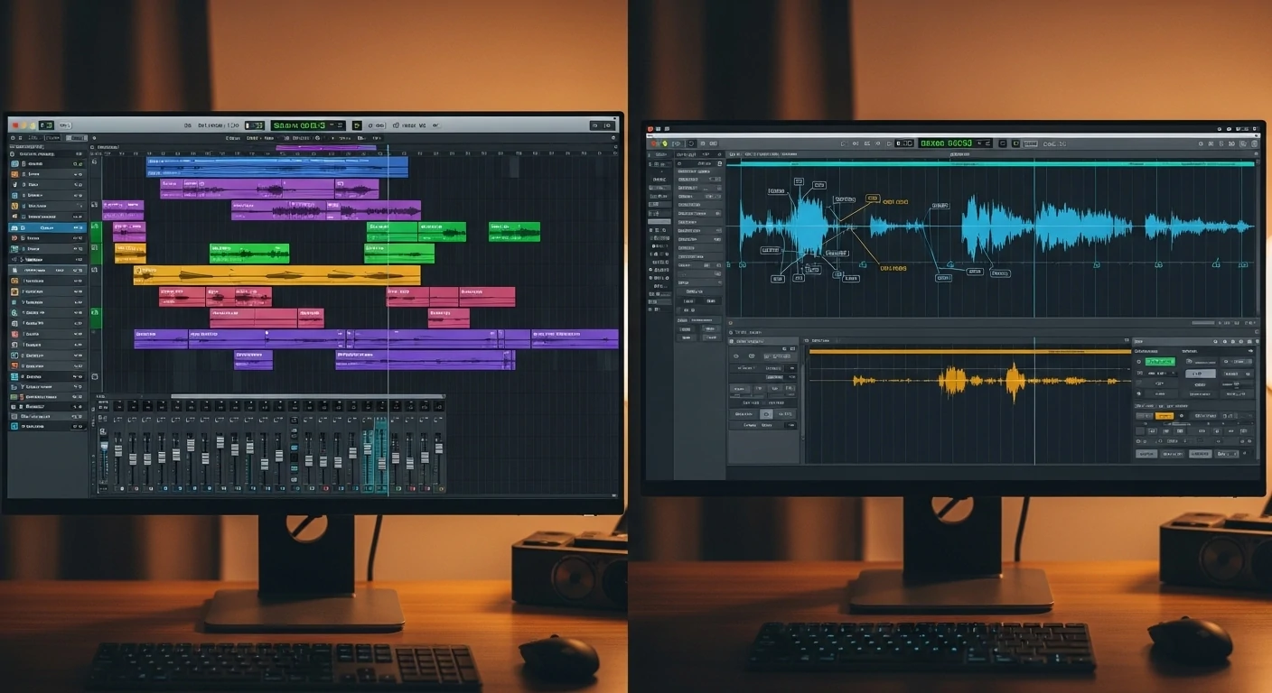 Side-by-side comparison of music editing and voiceover editing screens