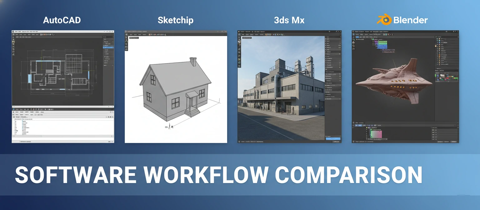 Software interface screenshots showing workflow comparison