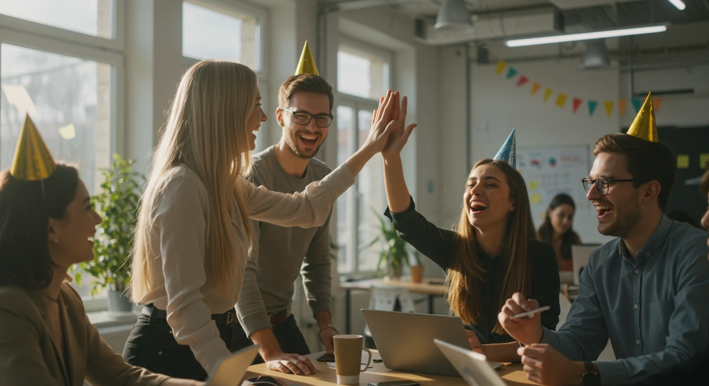 Team celebrating success in modern office