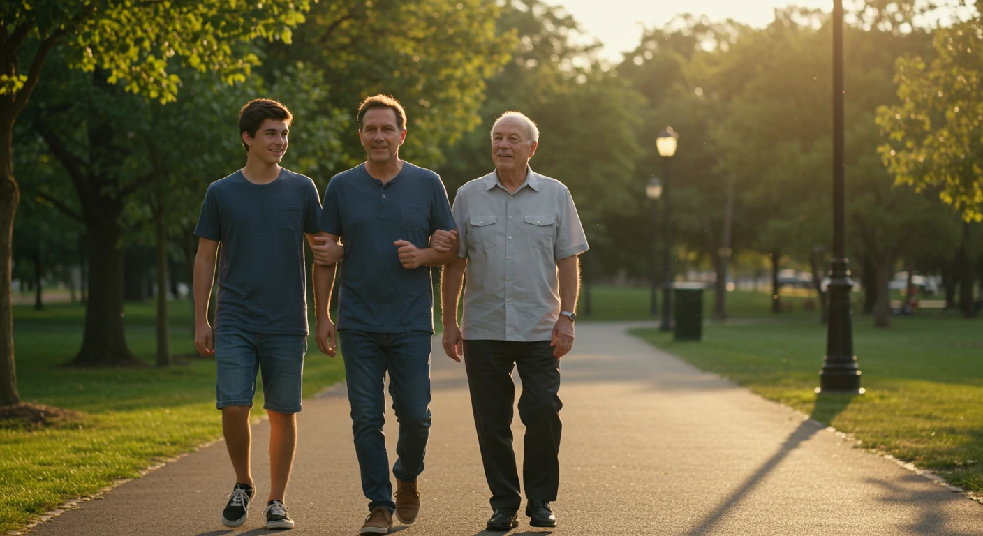 Three generations of men walking together