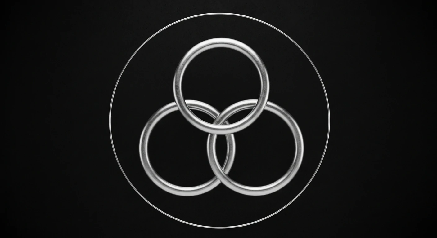 Three interlocked circles or loops forming a triangular pattern, often with a circle encompassing the design
