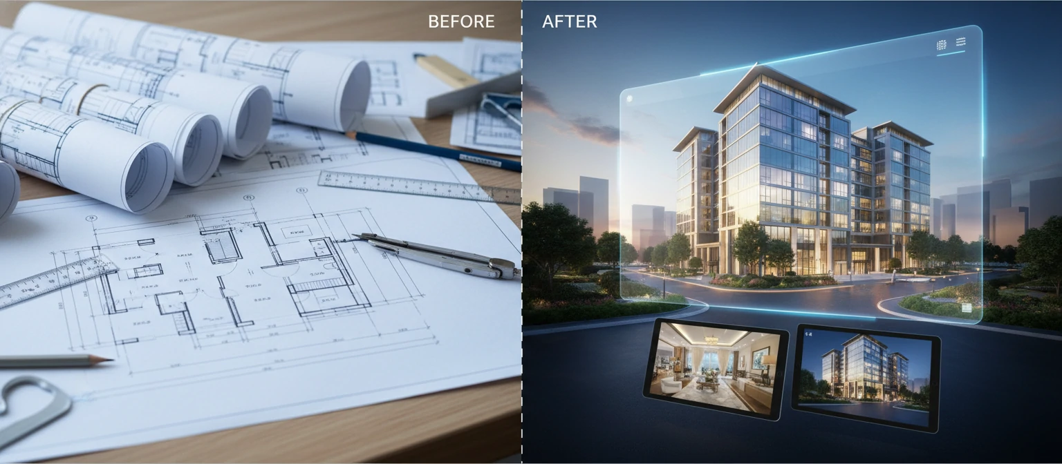 Traditional blueprints vs. 3D rendered presentation