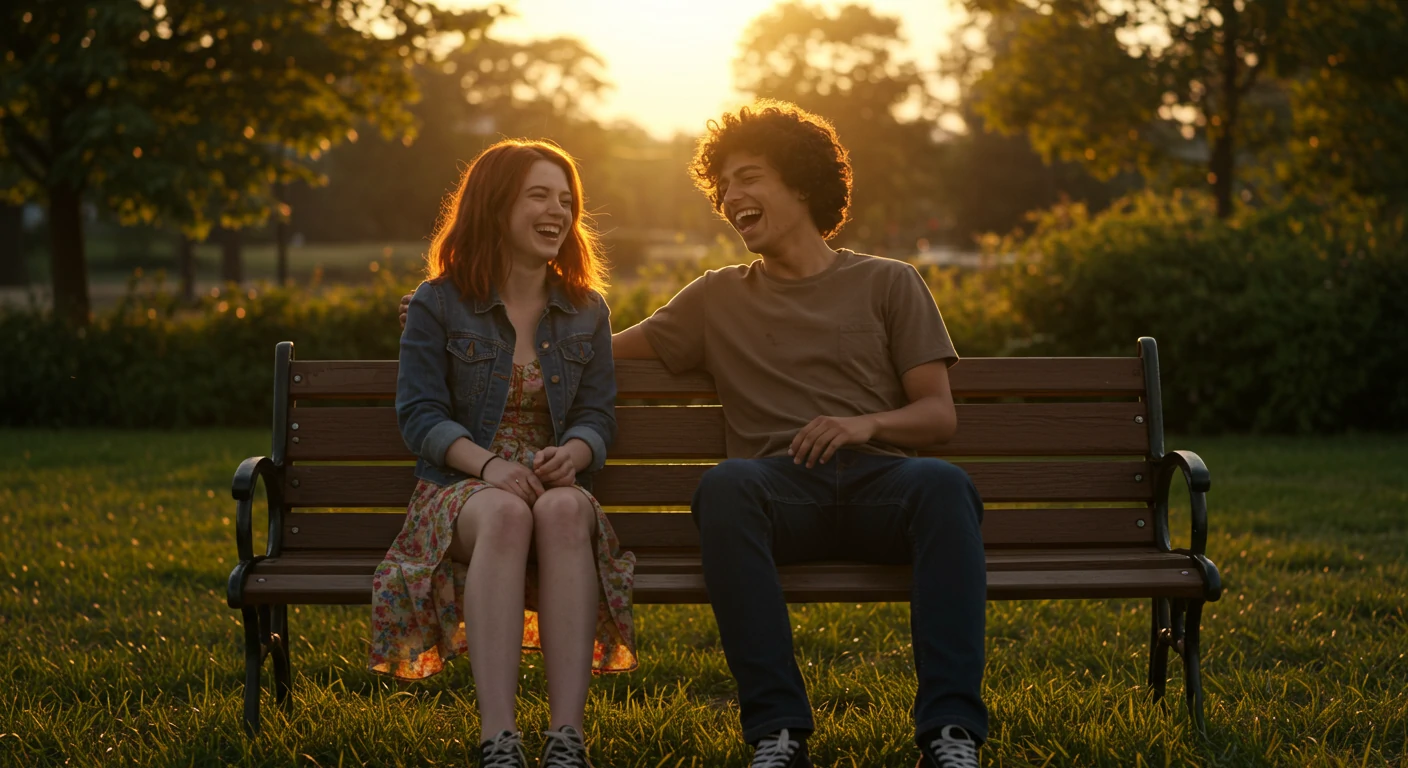 Two friends laughing together on a park bench at sunset