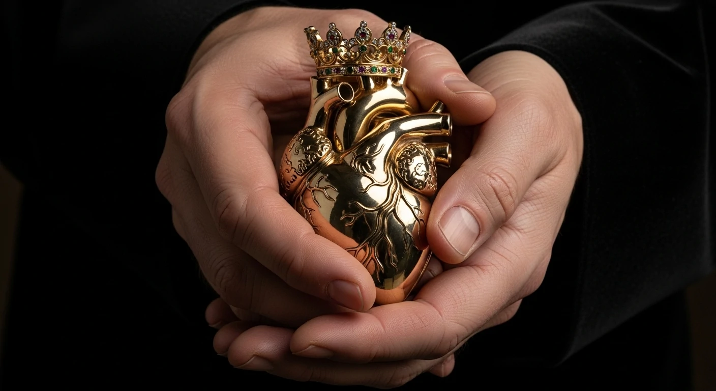Two hands holding a crowned heart, traditionally rendered in gold or silver