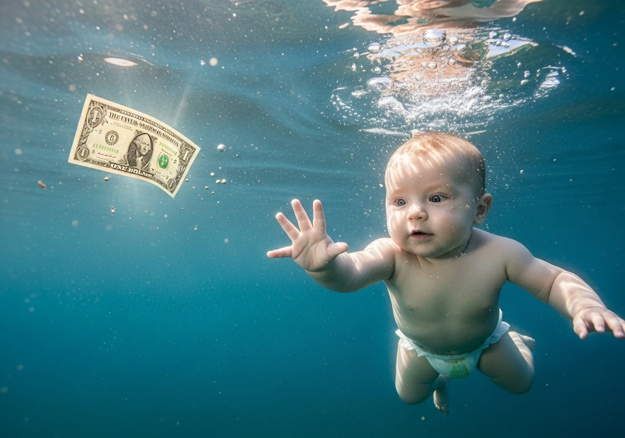 Underwater baby reaching for dollar bill