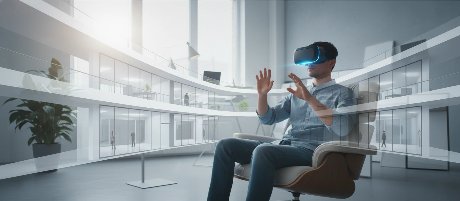 VR headset user experiencing architectural walkthrough