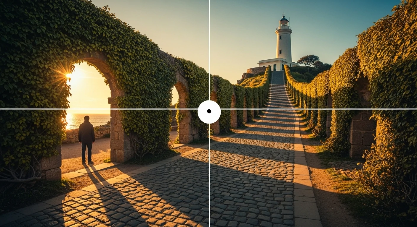 Visual examples of rule of thirds, leading lines, and framing techniques