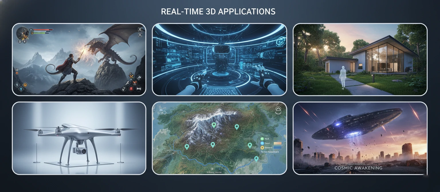 A collage showing six panels, each displaying one of the key applications