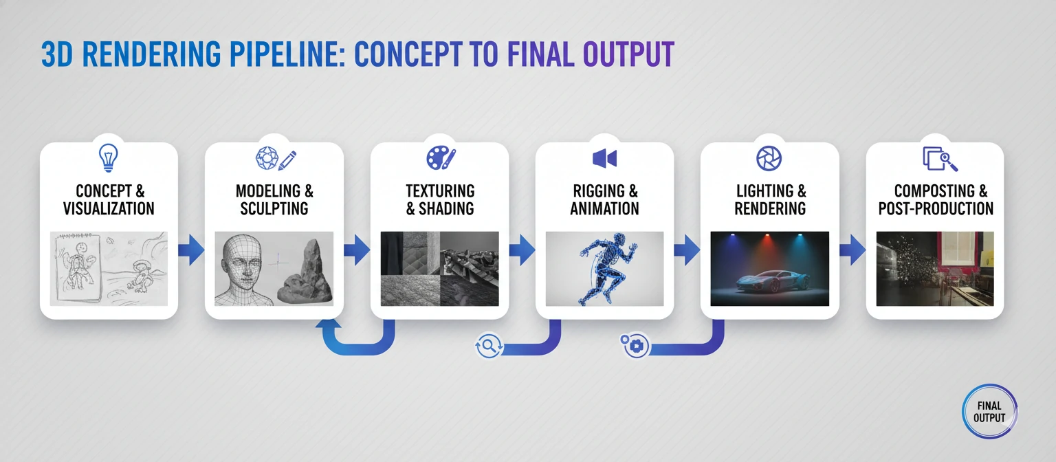 A comprehensive flowchart showing the entire 3D rendering pipeline from concept to final output
