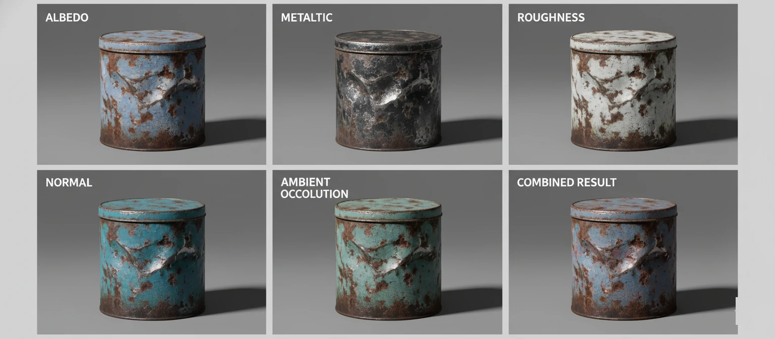 A grid showing the same 3D object (like a worn metal container) with six different texture maps displayed separately