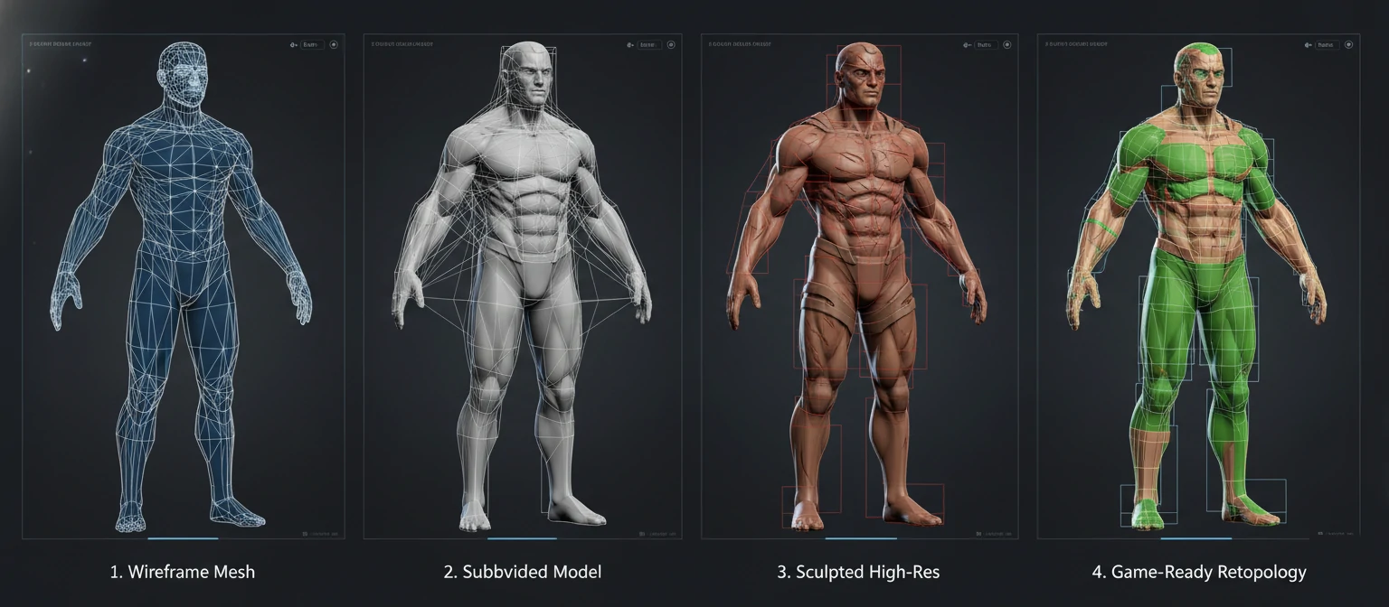 A progression showing four stages of character modeling