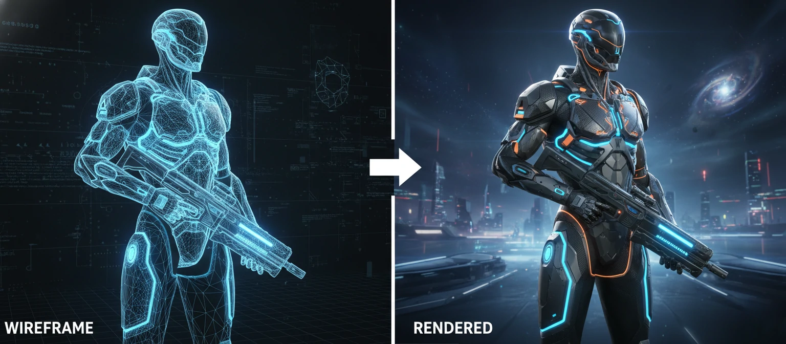 A split-screen comparison showing a wireframe 3D model on the left transitioning to a fully rendered