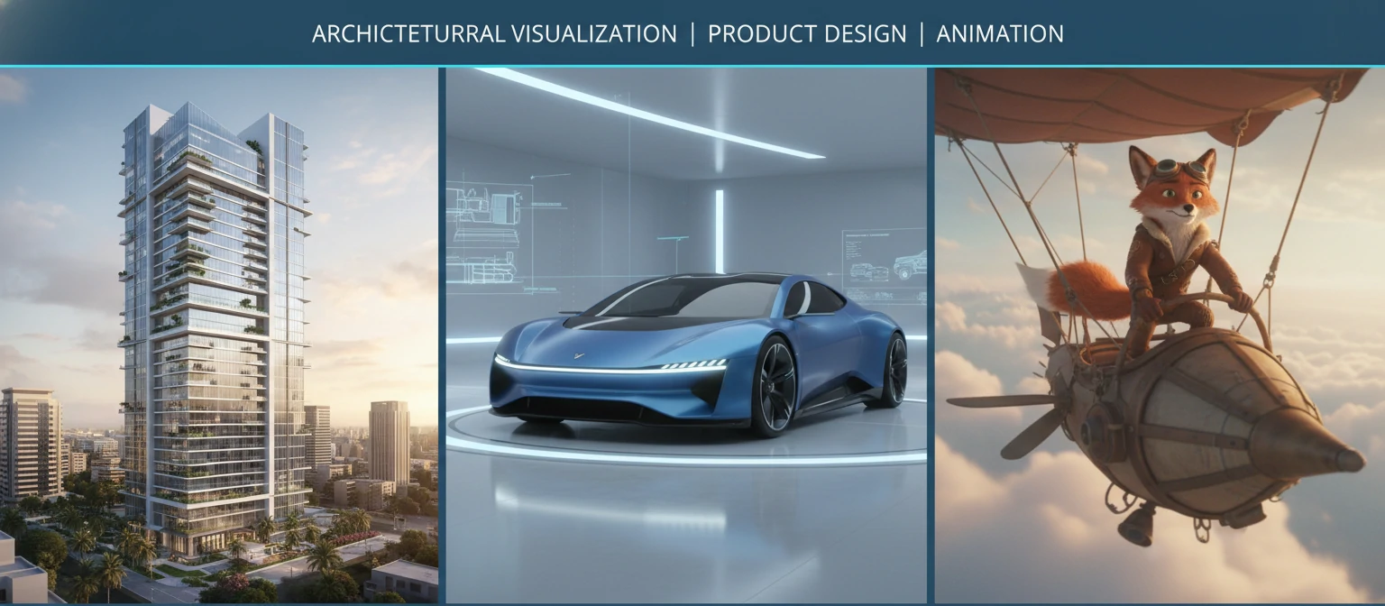 A stunning photorealistic 3D render showcasing multiple industries