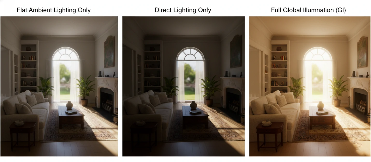 A triptych showing the same interior scene with three different lighting setups