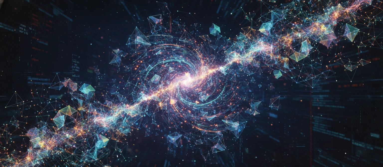 Abstract visualization showing AI neural networks merging with 3D geometric shapes