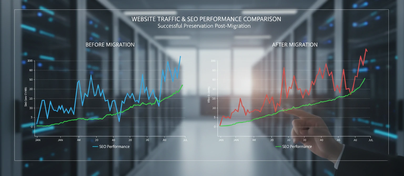 Analytics graphs showing website traffic patterns before and after migration