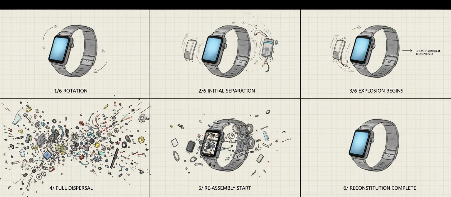 Animation storyboard or sequence showing a product rotating and exploding
