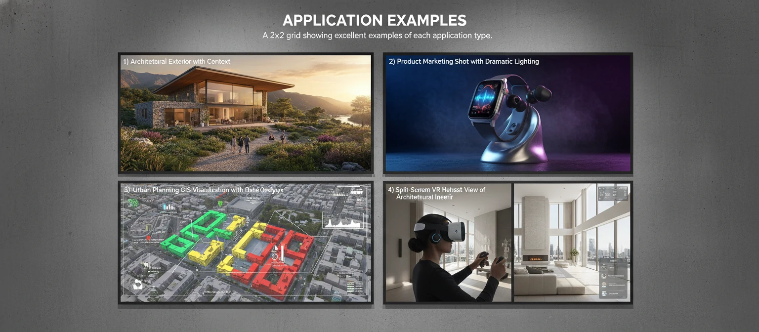 Application Examples A 2x2 grid showing excellent examples of each application type