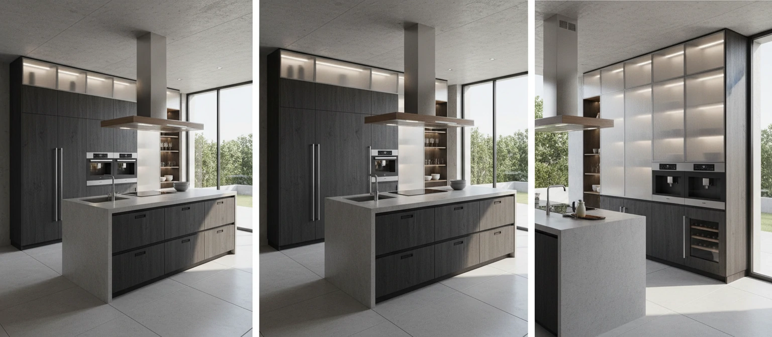 Architectural 3D visualization showing kitchen fixtures-cabinets