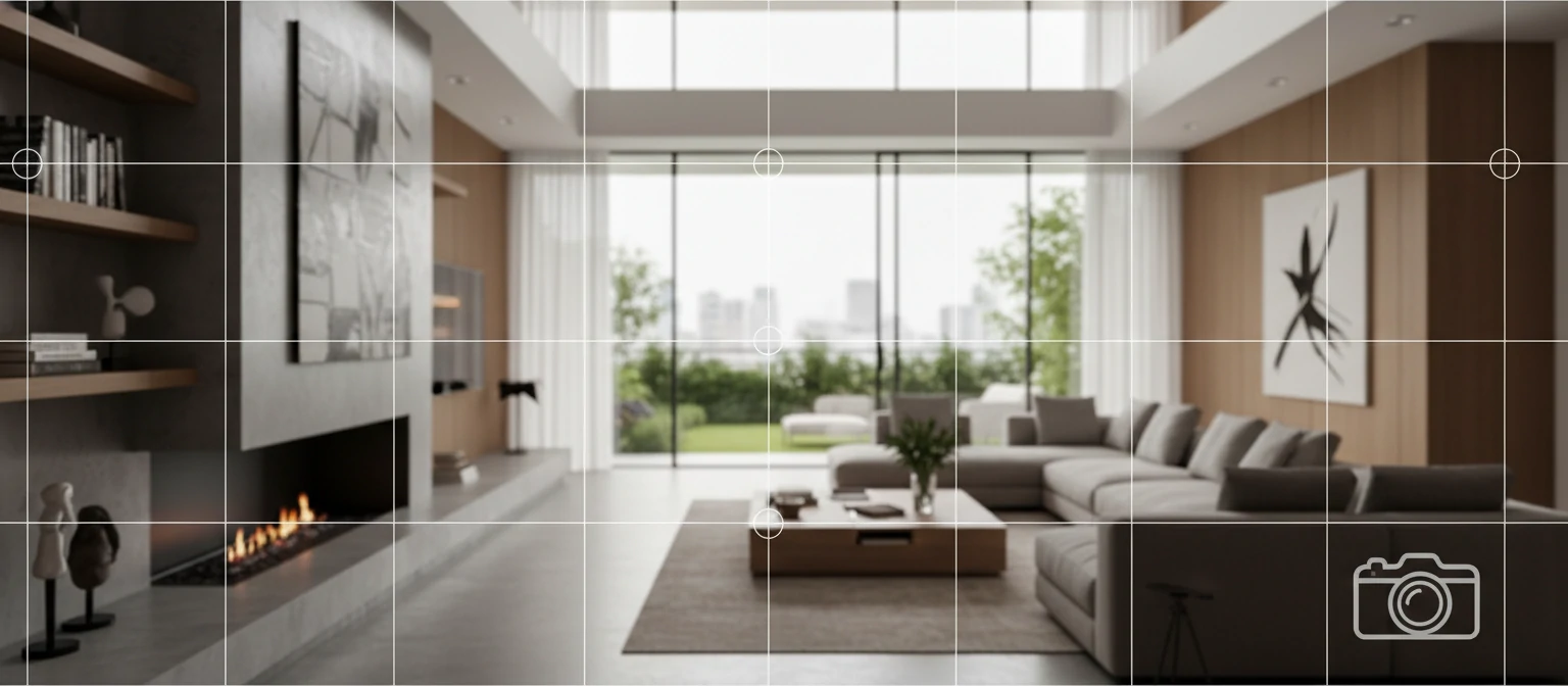 Architectural interior scene showing rule of thirds grid overlay