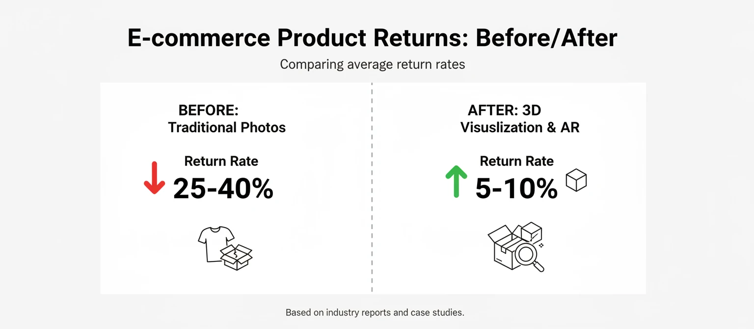 Before-after chart showing return rate percentages with traditional photos vs. with 3D visualization and AR