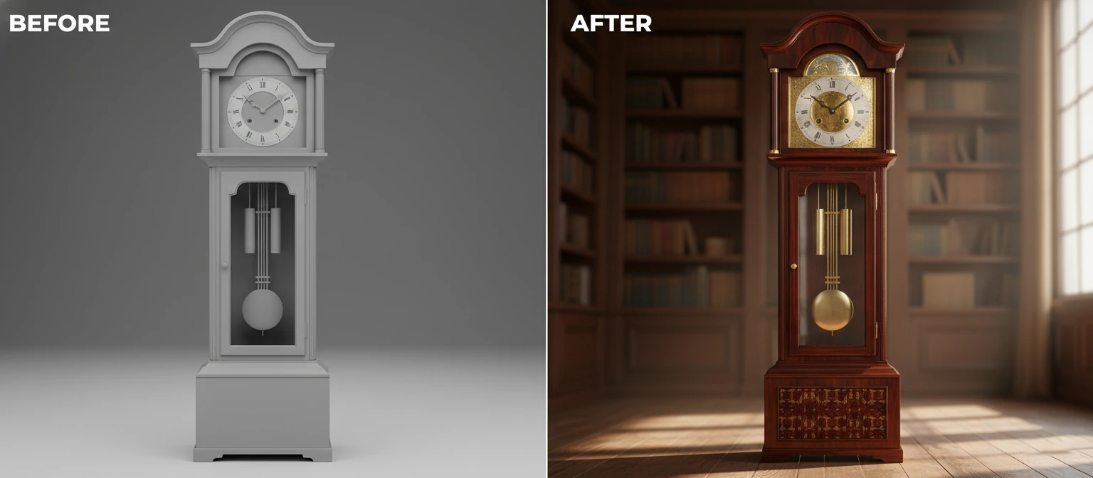 Before-after comparison of a 3D model showing untextured gray geometry transforming