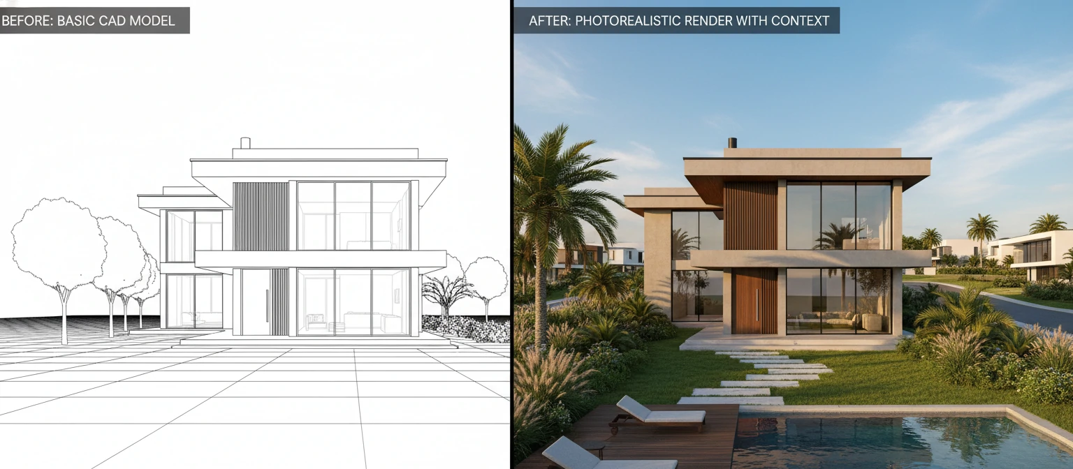 Before-after comparison showing a basic architectural CAD model