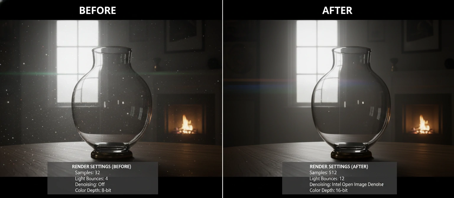 Before-after comparison showing common render artifacts
