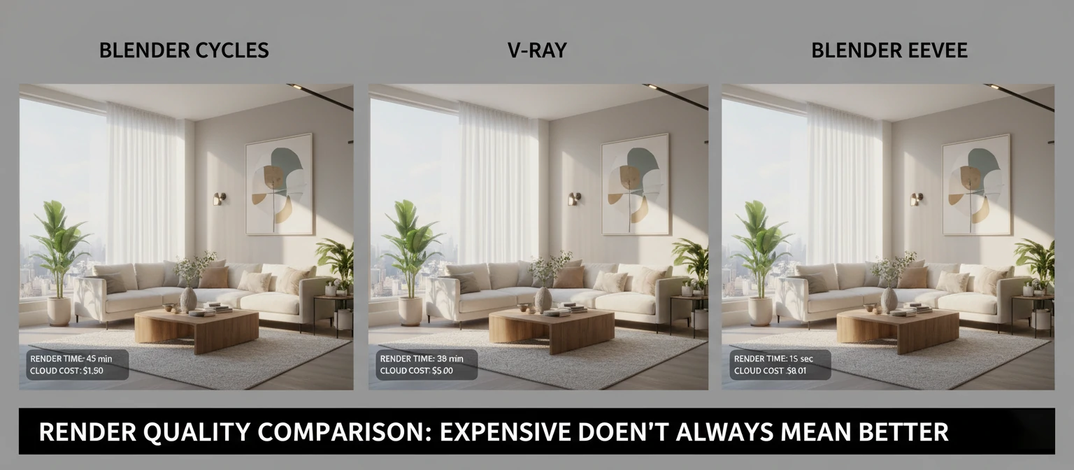 Before-after comparison showing the same 3D scene rendered in different software