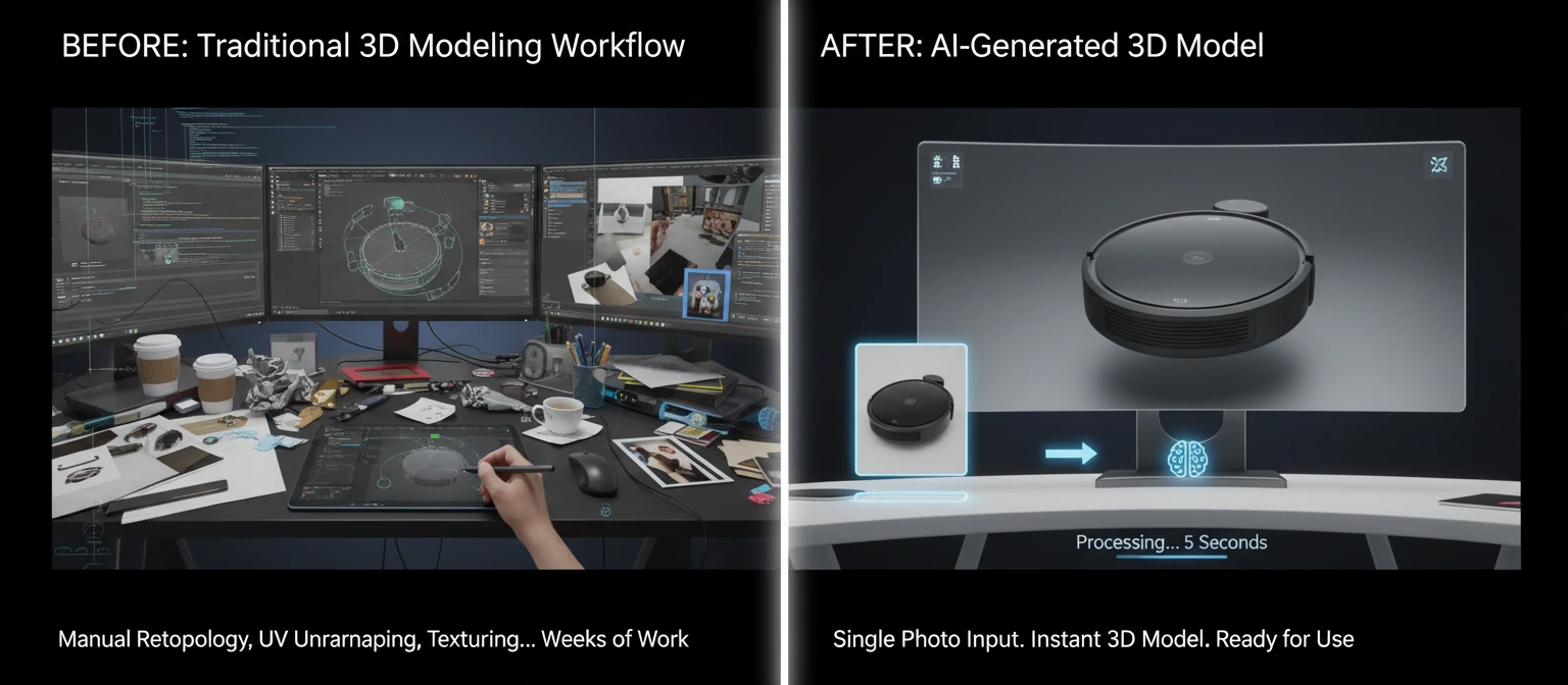 Before-after comparison showing traditional 3D modeling workflow vs. AI-generated 3D model