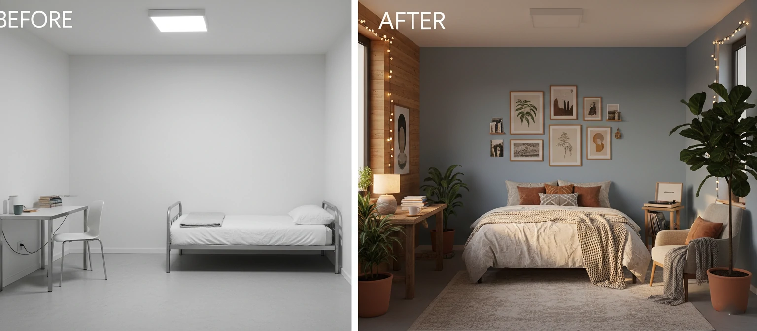 Before-after showing a sterile room vs. one with thoughtful details and lived-in touches