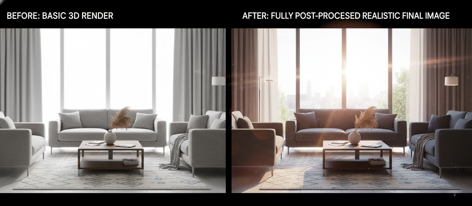 Before and after comparison basic 3D render vs. fully post-processed photorealistic