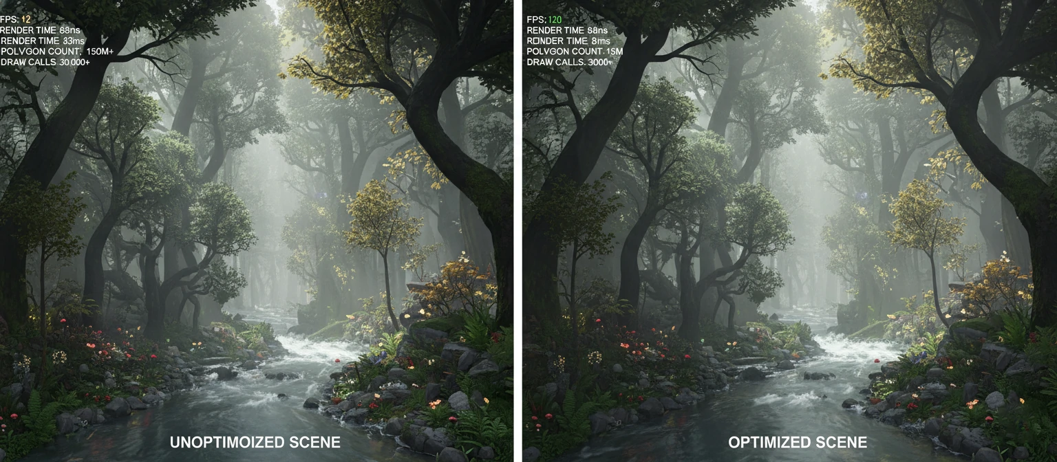 Before and after comparison showing optimized vs. unoptimized 3D scenes