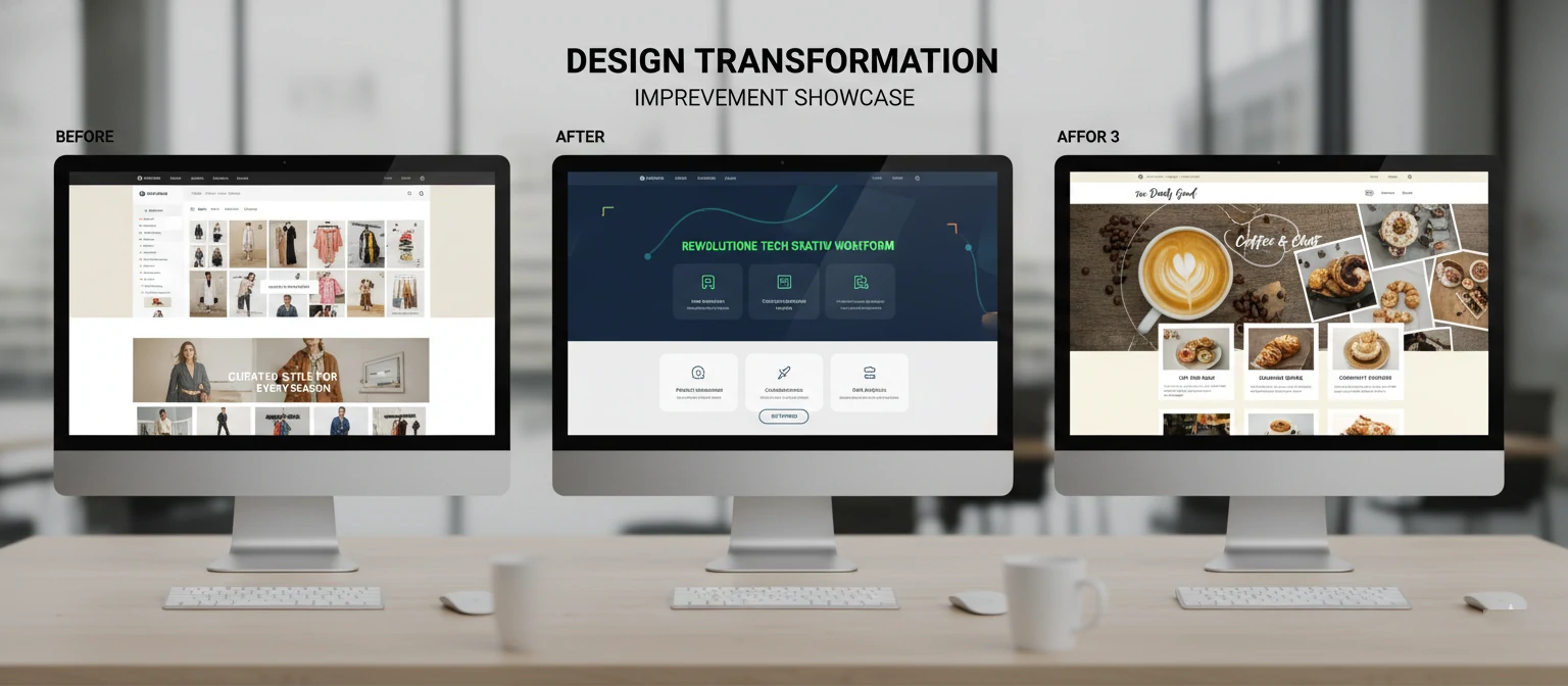 Before and after screenshots of the three case study websites showing the transformation and improvement in design
