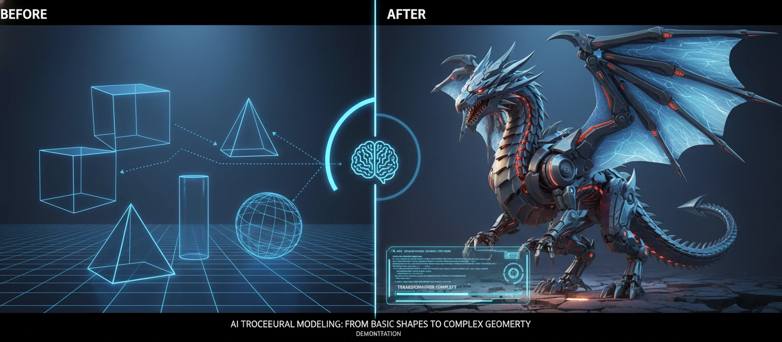 Before-and-after showing simple geometric input being transformed into detailed 3D model