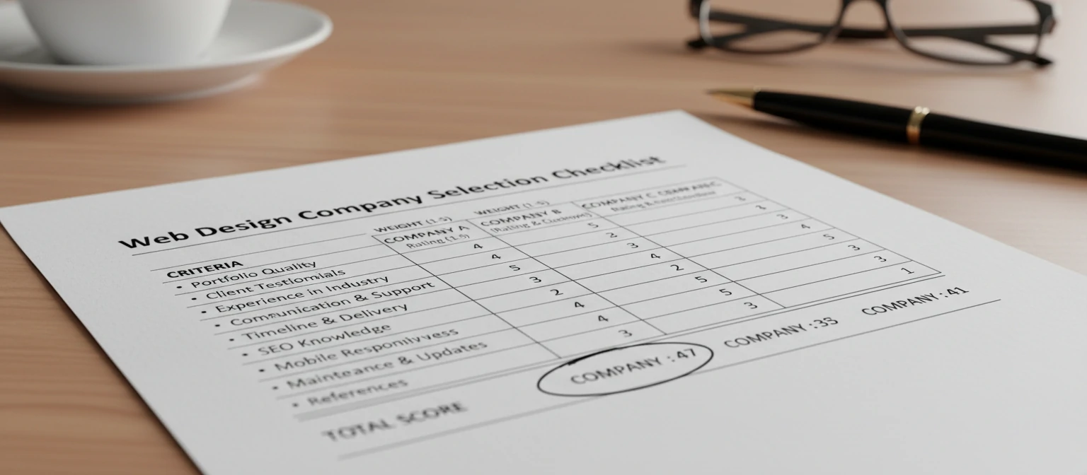 Checklist or evaluation matrix showing criteria for choosing a web design company