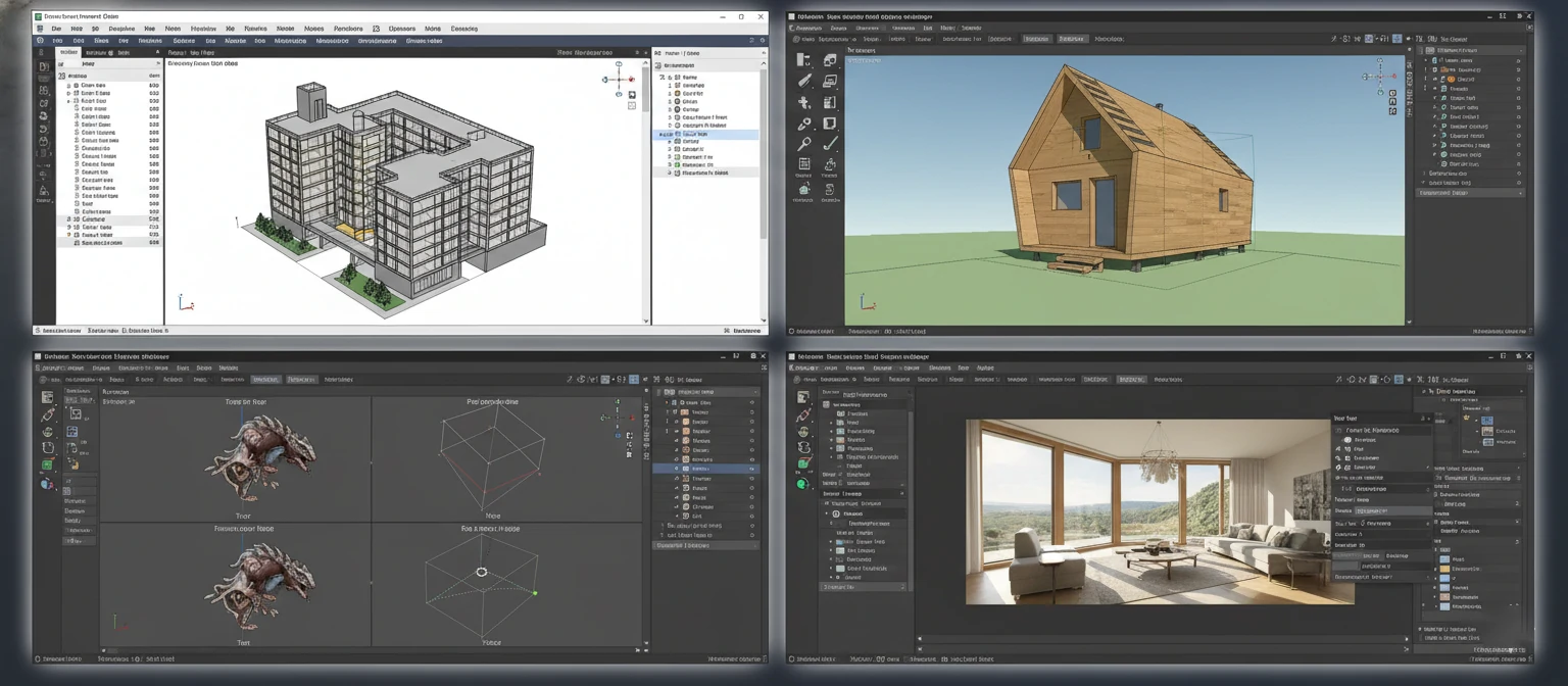 Collage of software interface screenshots showing Revit, SketchUp, 3ds Max, and rendering software