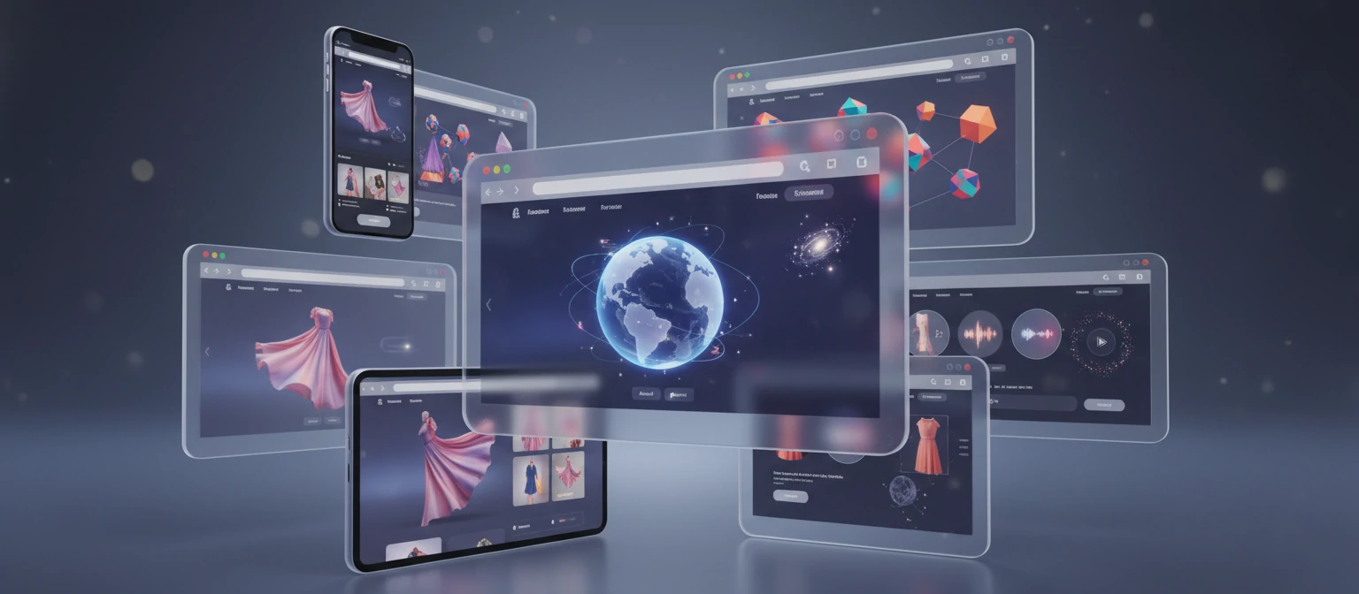 Collage showcasing examples of 2026 web design trends including 3D elements