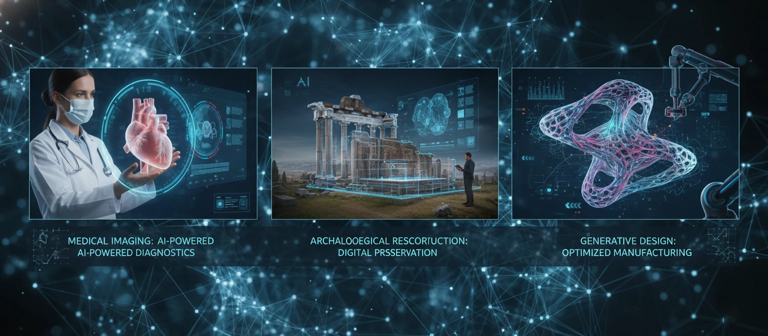 Collage showing diverse AI 3D applications - medical imaging, archaeological reconstruction