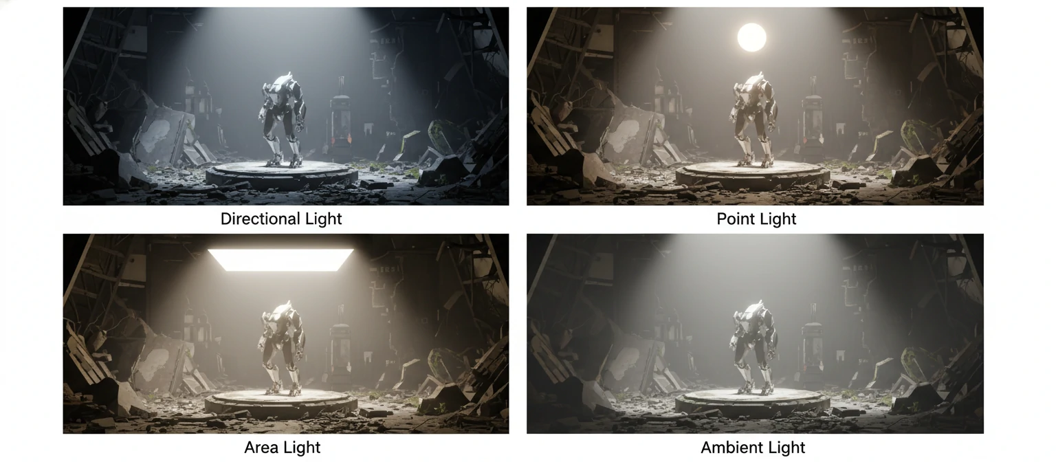 Comparison grid showing the same 3D scene lit with different lighting