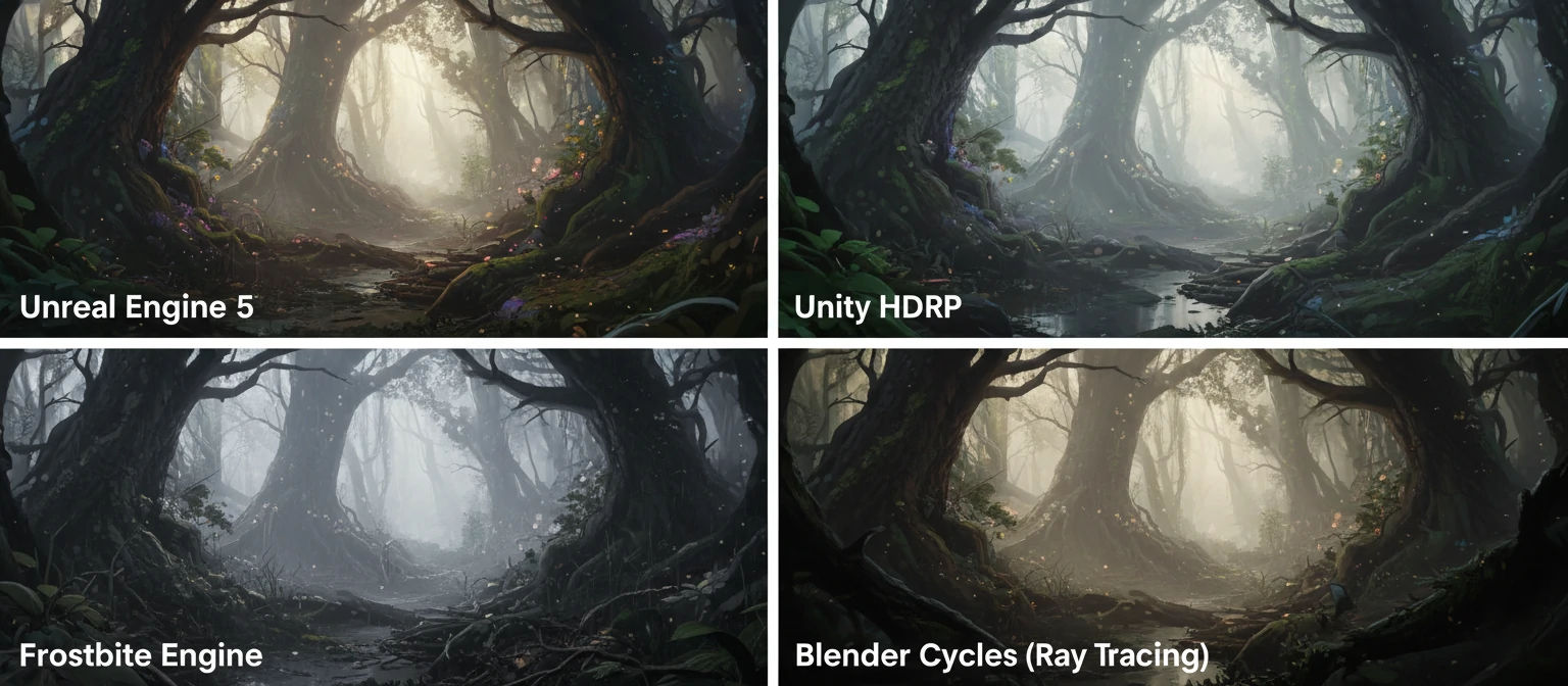 Comparison grid showing the same scene rendered in different engines