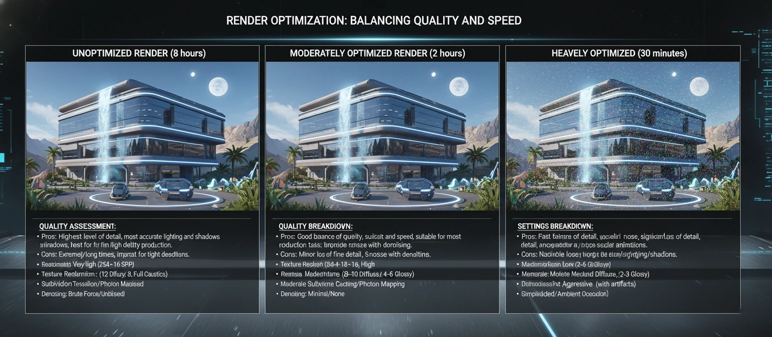 Comparison grid showing the same scene rendered with different optimization levels