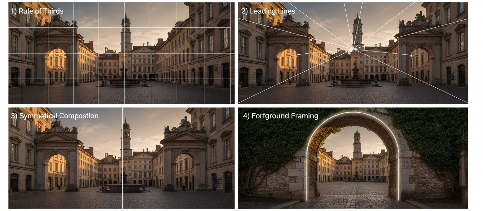 Composition Examples A comparison grid showing the same architectural scene composed using different principles